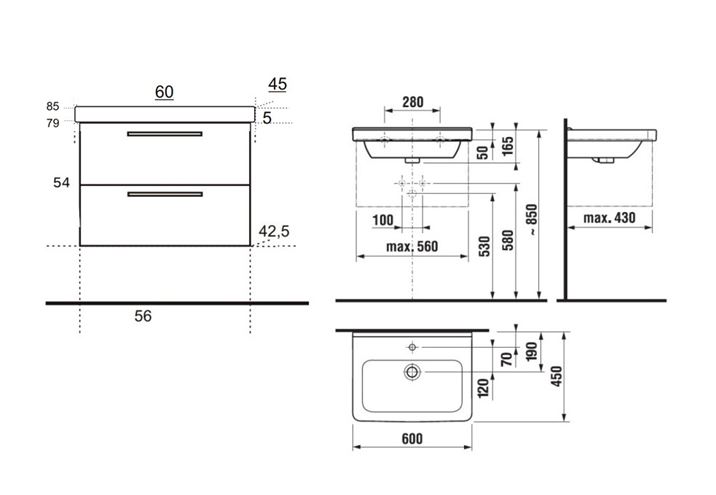 EDEN SMARAGD skříňka s umyvadlem 60x45x59 cm, 2 zásuvky, lesklá bílá SMJ60ZZ L1L1 Technický nákres
