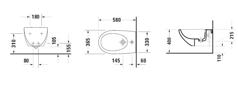 DURAVIT ARCHITEC závěsný bidet 2531150000 Technický nákres