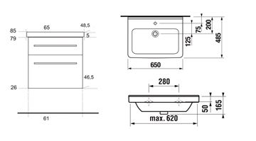 EDEN SMARAGD skříňka s umyvadlem 65x48,5x59 cm, 2 zásuvky, lesklá bílá SMJ65ZZ L1L1 Technický nákres