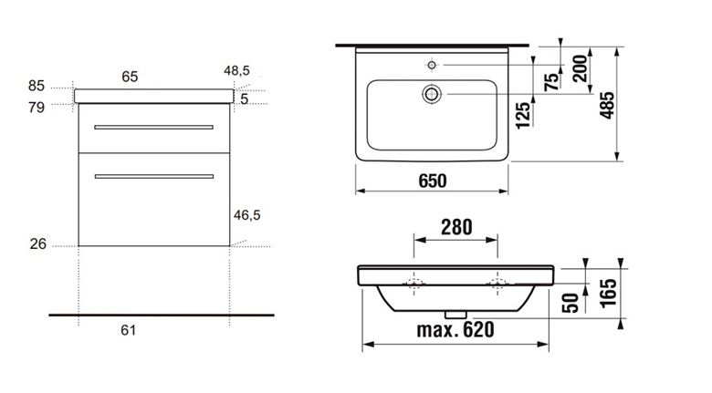 EDEN SMARAGD skříňka s umyvadlem 65x48,5x59 cm, 2 zásuvky, lesklá bílá SMJ65ZZ L1L1 Technický nákres