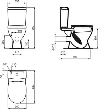IDEAL STANDARD EUROVIT PLUS WC kombi, se sedátkem, zadní odpad, spodní napouštění V337001 Technický nákres