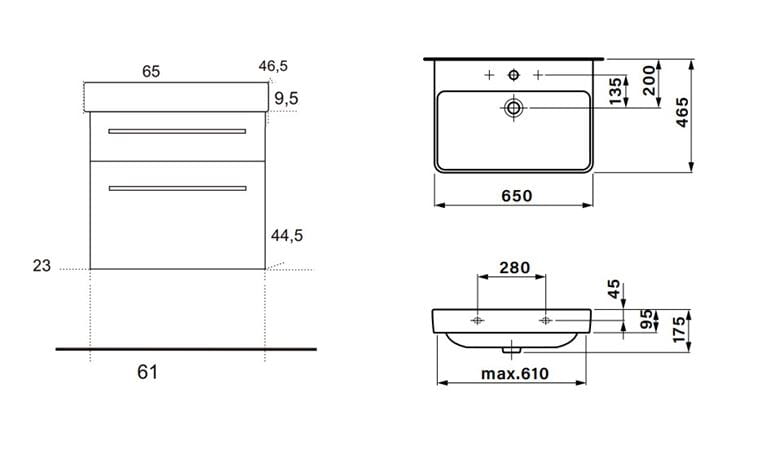 EDEN SMARAGD skříňka s umyvadlem 65x46,5x63,5 cm, 2 zásuvky, lesklá bílá SML65ZZ L1L1 Technický nákres