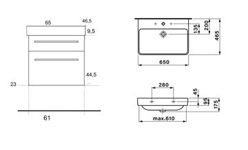 EDEN SMARAGD skříňka s umyvadlem 65x46,5x63,5 cm, 2 zásuvky, lesklá bílá SML65ZZ L1L1 Technický nákres
