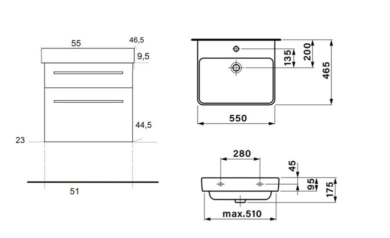 EDEN SMARAGD skříňka s umyvadlem 55x46,5x63,5 cm, 2 zásuvky, lesklá bílá SML55ZZ L1L1 Technický nákres