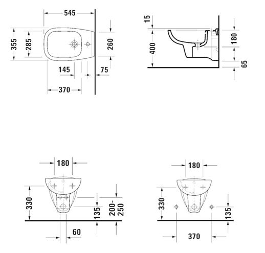 DURAVIT D-CODE závěsný bidet 22571500002 Technický nákres