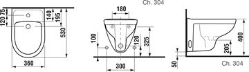 JIKA LYRA PLUS závěsný bidet H8303810003041 Technický nákres
