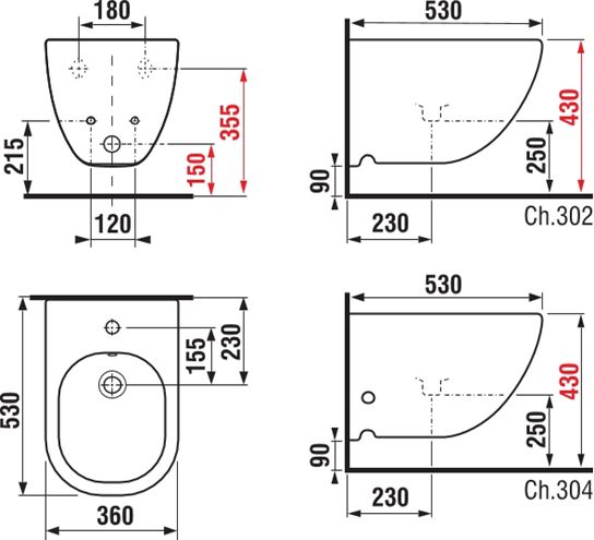 JIKA MIO závěsný bidet, JikaPerla H8317121003041 Technický nákres