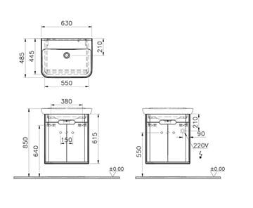VITRA SENTO skříňka s umyvadlem 63x48,5x68,5 cm, 2 dvířka, s osvětlením, white mat 60781 Technický nákres