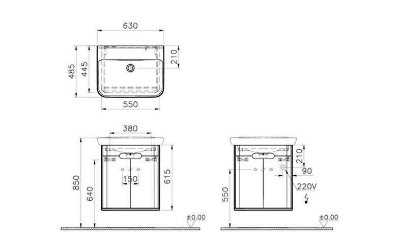VITRA SENTO skříňka s umyvadlem 63x48,5x68,5 cm, 2 dvířka, s osvětlením, antracite mat 60805 Technický nákres