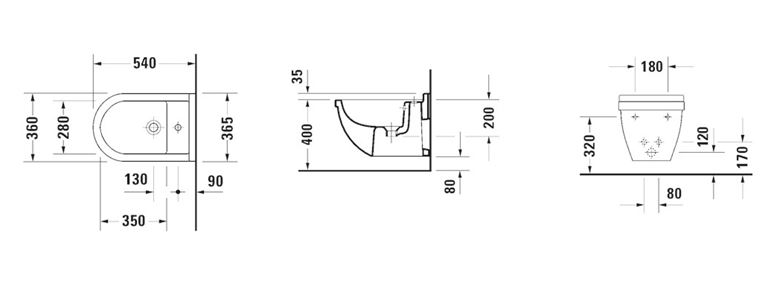 DURAVIT STARCK 3 závěsný bidet 2230150000 Technický nákres