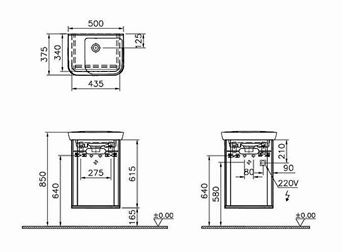 VITRA SENTO skříňka s umyvadlem 50x37,5x68,5 cm, 1 dvířka, panty vpravo, s osvětlením, antracite mat 60801 Technický nákres