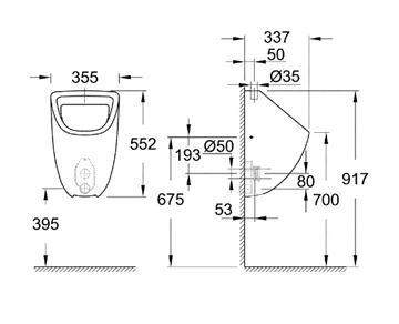 GROHE BAU CERAMIC pisoár, horní přívod vody, alpská bílá 39439000 Technický nákres