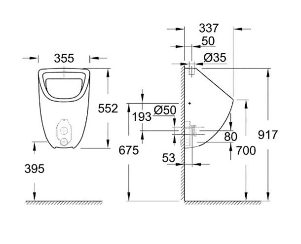 GROHE BAU CERAMIC pisoár, horní přívod vody, alpská bílá 39439000 Technický nákres