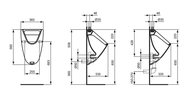 IDEAL STANDARD GOLF pisoár, horní přívod vody K553901 Technický nákres