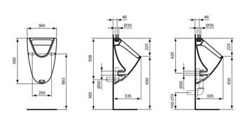 IDEAL STANDARD GOLF pisoár, horní přívod vody K553901 Technický nákres
