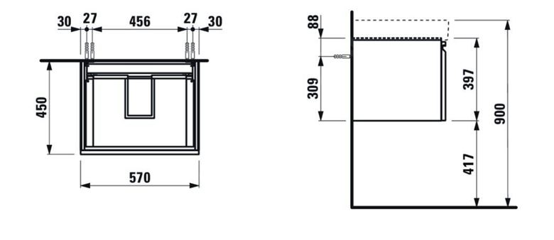 LAUFEN PRO S skříňka pod umyvadlo 57x45x39,7 cm, 1 zásuvka, lesklá bílá H4833710964751 Technický nákres