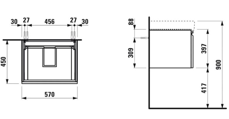 LAUFEN PRO S skříňka pod umyvadlo 57x45x39,7 cm, 1 zásuvka, lesklá bílá H4833720964751 Technický nákres