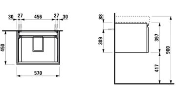 LAUFEN PRO S skříňka pod umyvadlo 57x45x39,7 cm, 1 zásuvka, lesklá bílá H4833720964751 Technický nákres