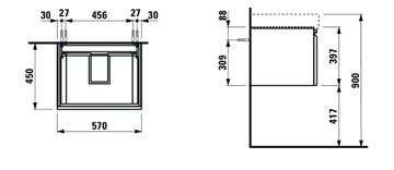 LAUFEN PRO S skříňka pod umyvadlo 57x45x39,7 cm, 1 zásuvka, matná bílá H4833710964631 Technický nákres