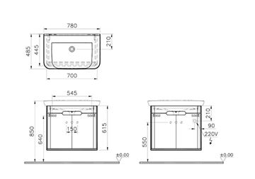 VITRA SENTO skříňka s umyvadlem 78x48,5x68,5 cm, 2 dvířka, s osvětlením, antracite mat 60809 Technický nákres