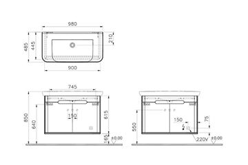 VITRA SENTO skříňka s umyvadlem 98x48,5x68,5 cm, 2 dvířka, s osvětlením, white mat 60787 Technický nákres