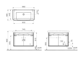 VITRA SENTO skříňka s umyvadlem 98x48,5x68,5 cm, 2 dvířka, s osvětlením, antracite mat 60811 Technický nákres