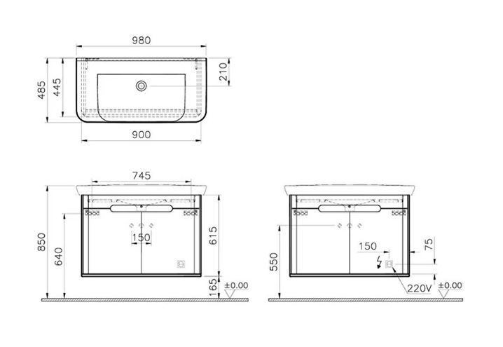 VITRA SENTO skříňka s umyvadlem 98x48,5x68,5 cm, 2 dvířka, s osvětlením, antracite mat 60811 Technický nákres