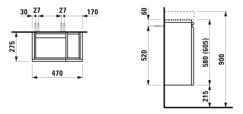 LAUFEN PRO S skříňka pod umývátko 47x27,5x58 cm, 1 dvířka, panty vlevo, 1 polička vpravo, lesklá bílá H4830010954751 Technický nákres
