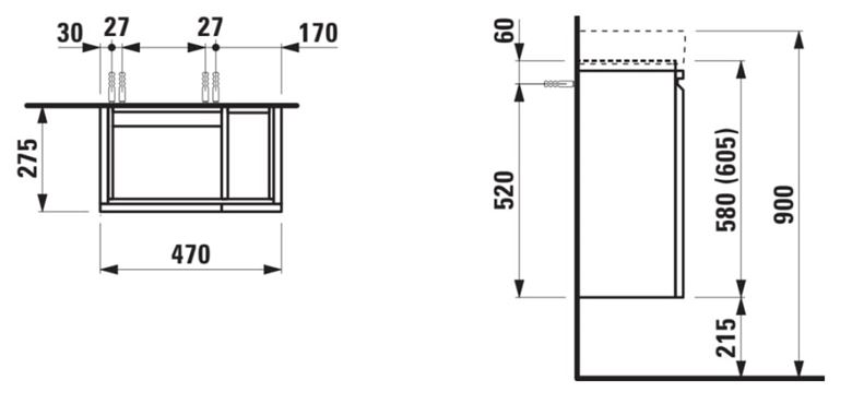 LAUFEN PRO S skříňka pod umývátko 47x27,5x58 cm, 1 dvířka, panty vlevo, 1 polička vpravo, matná bílá H4830010954631 Technický nákres