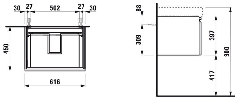 LAUFEN PRO S skříňka pod umyvadlo 61,6x45x39,7 cm, 1 zásuvka, matná bílá H4834210964631 Technický nákres