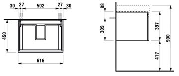 LAUFEN PRO S skříňka pod umyvadlo 61,6x45x39,7 cm, 1 zásuvka, matná bílá H4834220964631 Technický nákres