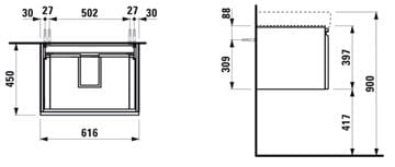 LAUFEN PRO S skříňka pod umyvadlo 61,6x45x39,7 cm, 1 zásuvka, matný grafit H4834220964801 Technický nákres