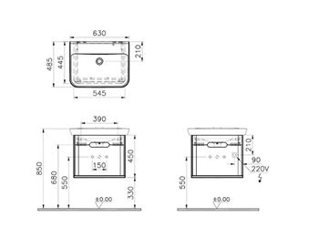 VITRA SENTO skříňka s umyvadlem 63x48,5x52 cm, 1 zásuvka, s osvětlením, white mat 60812 Technický nákres