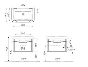 VITRA SENTO skříňka s umyvadlem 78x48,5x52 cm, 1 zásuvka, s osvětlením, white mat 60813 Technický nákres
