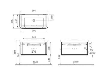 VITRA SENTO skříňka s umyvadlem 98x48,5x52 cm, 1 zásuvka, s osvětlením, white mat 60814 Technický nákres