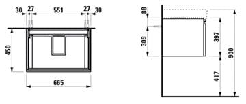 LAUFEN PRO S skříňka pod umyvadlo 66,5x45x39,7 cm, 1 zásuvka, matná bílá H4834510964631 Technický nákres