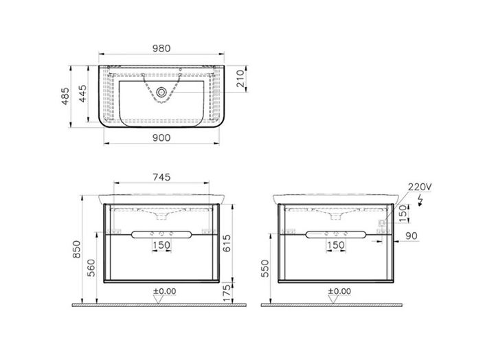 VITRA SENTO skříňka s umyvadlem 98x48,5x68,5 cm, 2 zásuvky, s osvětlením, white mat 60826 Technický nákres