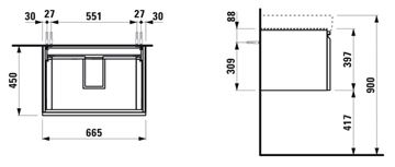 LAUFEN PRO S skříňka pod umyvadlo 66,5x45x39,7 cm, 1 zásuvka, matná bílá H4834520964631 Technický nákres