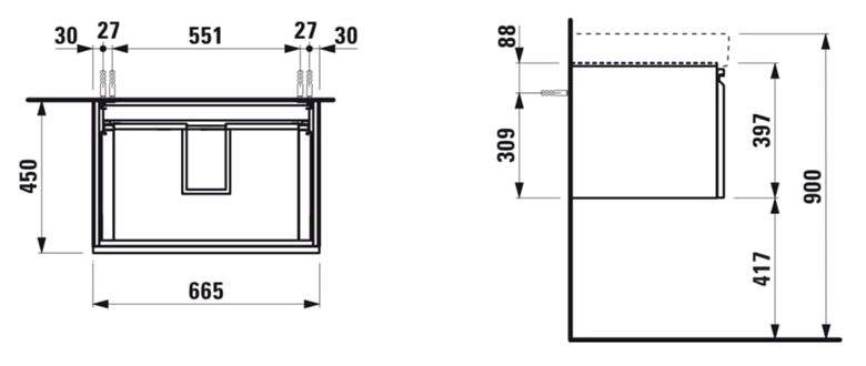 LAUFEN PRO S skříňka pod umyvadlo 66,5x45x39,7 cm, 1 zásuvka, matná bílá H4834520964631 Technický nákres