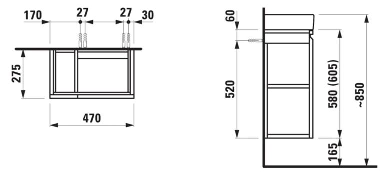 LAUFEN PRO S skříňka pod umývátko 47x27,5x58 cm, 1 police, 1 dvířka, panty vpravo, fialová H4830020959991 Technický nákres
