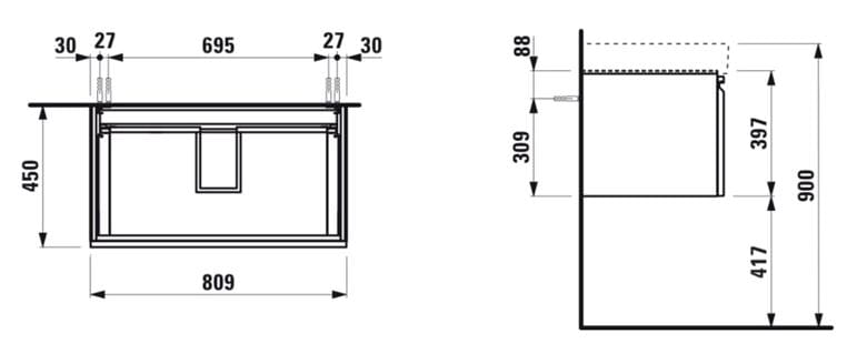 LAUFEN PRO S skříňka pod umyvadlo 80,9x45x39,7 cm, 1 zásuvka, lesklá bílá H4835010964751 Technický nákres