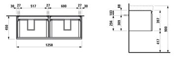 LAUFEN PRO S skříňka pod dvojumyvadlo 125,8x45x39,7 cm, 2 zásuvky, lesklá bílá H4835710964751 Technický nákres