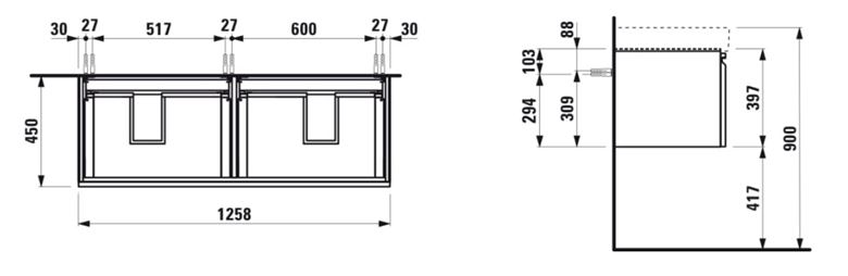 LAUFEN PRO S skříňka pod dvojumyvadlo 125,8x45x39,7 cm, 2 zásuvky, lesklá bílá H4835710964751 Technický nákres