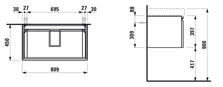 LAUFEN PRO S skříňka pod umyvadlo 80,9x45x39,7 cm, 1 zásuvka, matná bílá H4835010964631 Technický nákres
