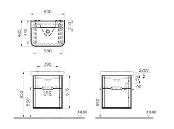 VITRA SENTO skříňka s umyvadlem 63x48,5x68,5 cm, 2 zásuvky, s osvětlením, antracite mat 60834 Technický nákres