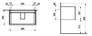 LAUFEN PRO S skříňka pod umyvadlo 80,9x45x39,7 cm, 1 zásuvka, grafit, mat H4835020964801 Technický nákres