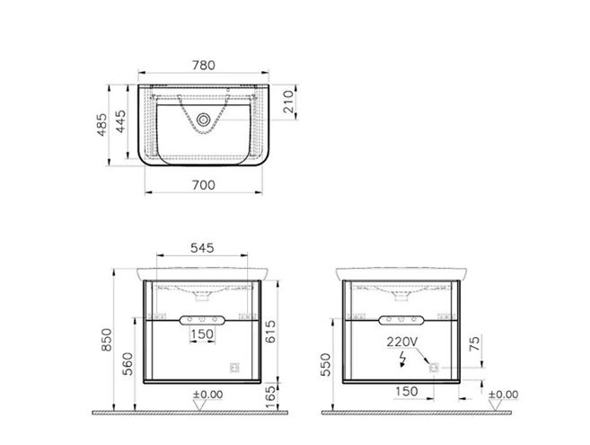 VITRA SENTO skříňka s umyvadlem 78x48,5x68,5 cm, 2 zásuvky, s osvětlením, white mat 60824 Technický nákres