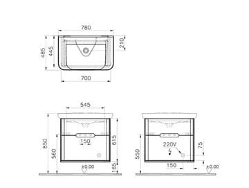 VITRA SENTO skříňka s umyvadlem 78x48,5x68,5 cm, 2 zásuvky, s osvětlením, white mat 60824 Technický nákres