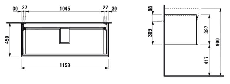 LAUFEN PRO S skříňka pod umyvadlo 115,9x45x39,7 cm, 1 zásuvka, matná bílá H4835620964631 Technický nákres