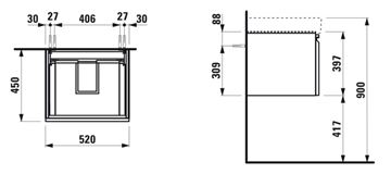 LAUFEN PRO S skříňka pod umyvadlo 52x45x39,7 cm, 1 zásuvka, lesklá bílá H4833510964751 Technický nákres